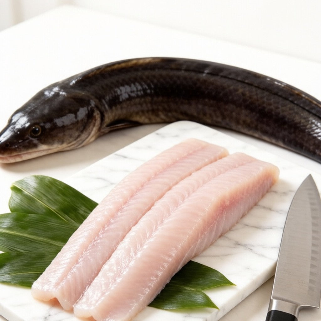 Raw eel fillets on a white board