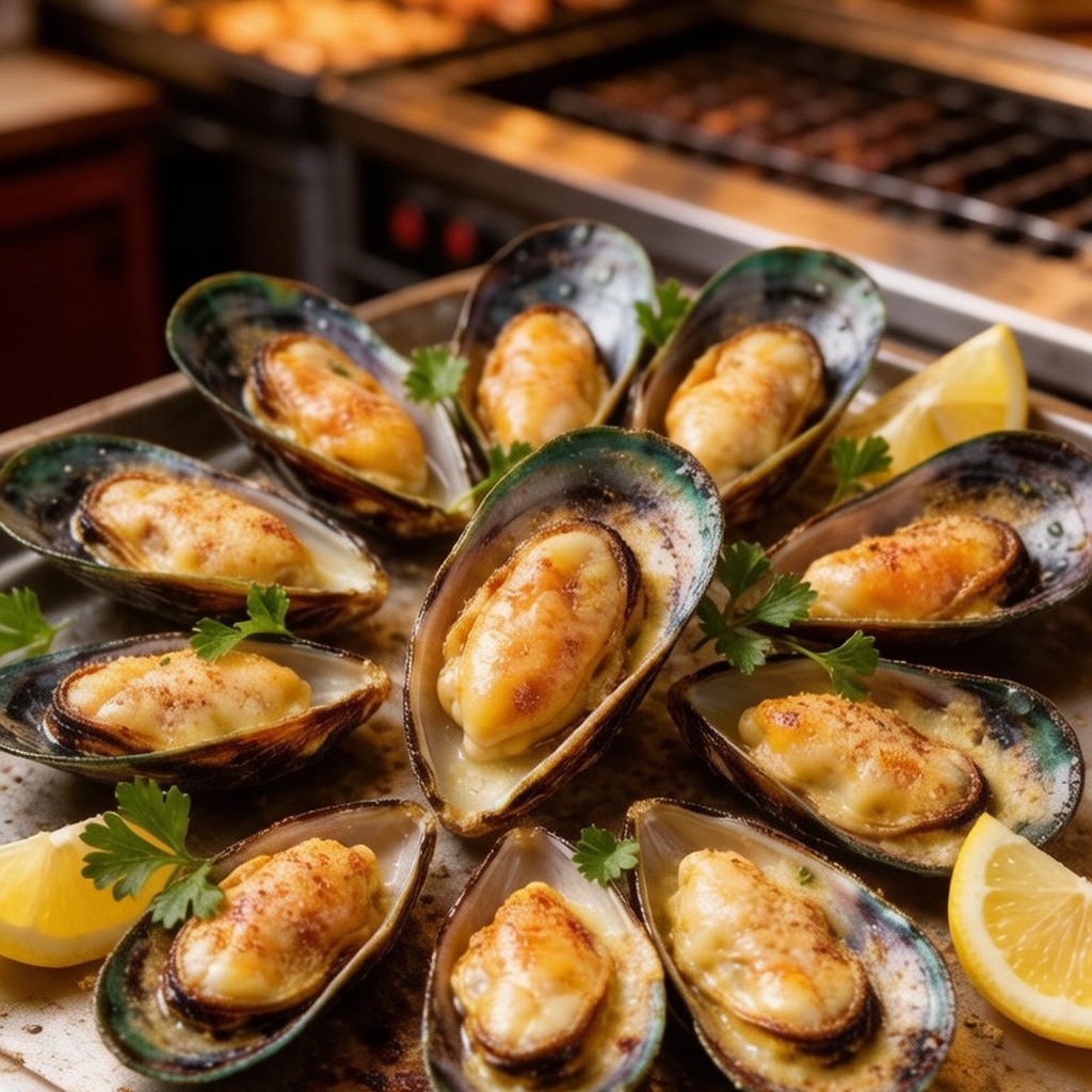 Grilled mussels with cheese and lime