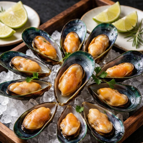 Mussels on ice, overhead view