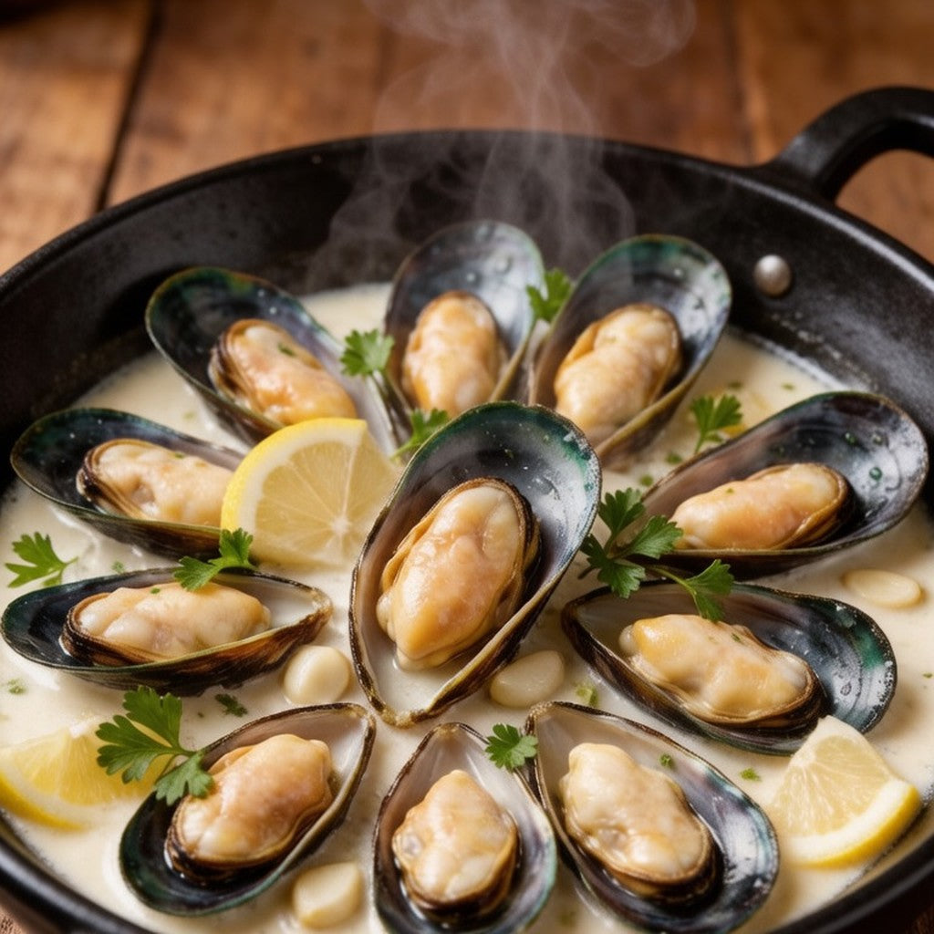 Mussels in a skillet with cream sauce