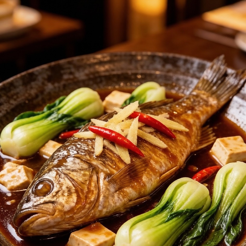 Braised whole fish with Asian greens