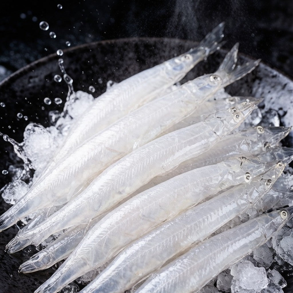 Fresh whitebait on crushed ice