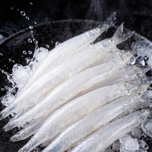Fresh whitebait on crushed ice