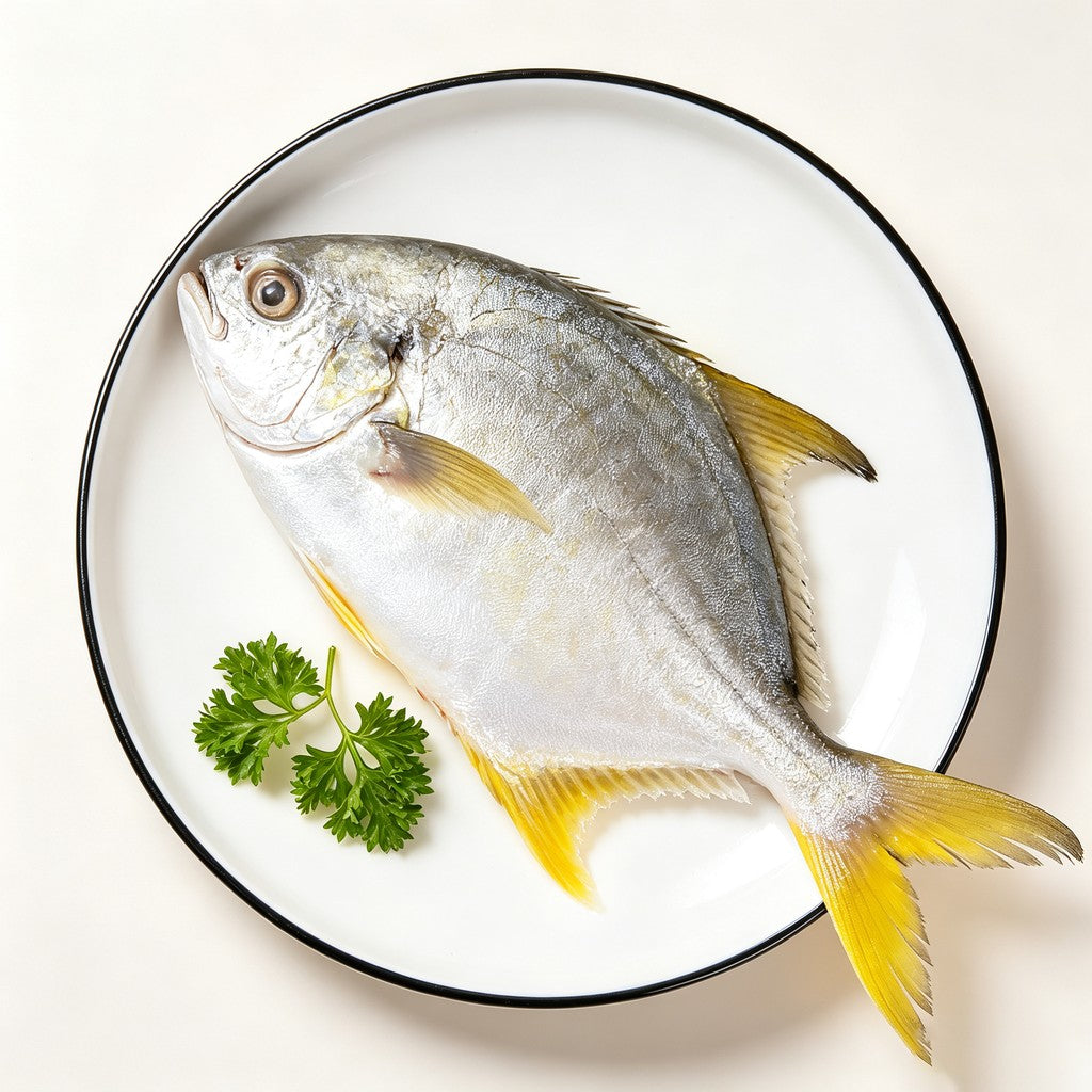 Whole bream on a black-rimmed plate